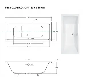 BESCO - Obdĺžniková vaňa QUADRO SLIM - Nožičky k vani - S nožičkami, Rozmer vane - 175 × 80 cm VANQAUD175SLIM + OLVPINOZ