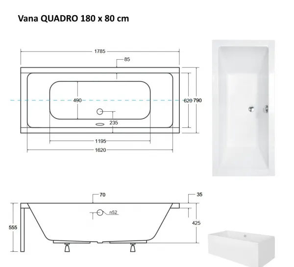 BESCO - Obdĺžniková vaňa QUADRO - Nožičky k vani - Bez nožičiek, Rozmer vane - 180 × 80 cm VANQAUD180