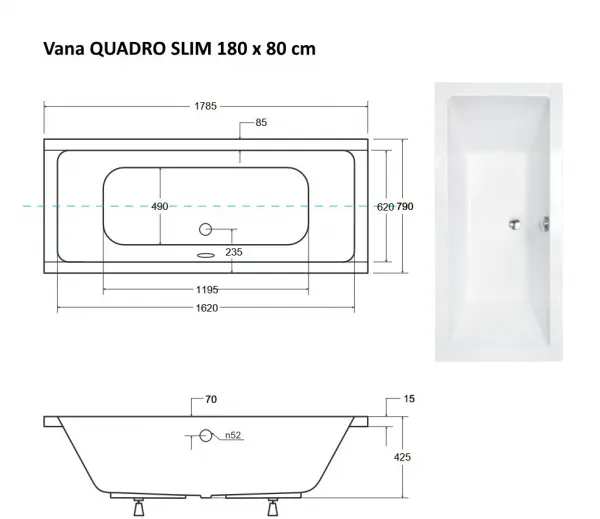 BESCO - Obdĺžniková vaňa QUADRO SLIM - Nožičky k vani - Bez nožičiek, Rozmer vane - 180 × 80 cm VANQAUD180SLIM