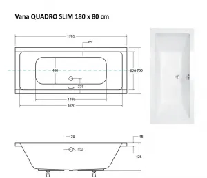 BESCO - Obdĺžniková vaňa QUADRO SLIM - Nožičky k vani - Bez nožičiek, Rozmer vane - 180 × 80 cm VANQAUD180SLIM