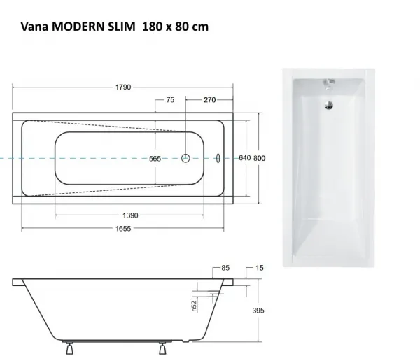 BESCO - Obdĺžniková vaňa MODERN SLIM - Nožičky k vani - Bez nožičiek, Rozmer vane - 180 × 80 cm VANMOD18SLIM