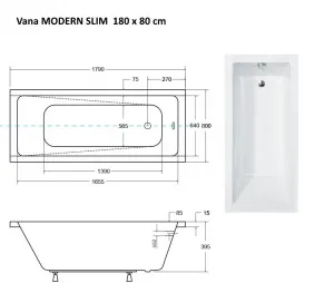 BESCO - Obdĺžniková vaňa MODERN SLIM - Nožičky k vani - Bez nožičiek, Rozmer vane - 180 × 80 cm VANMOD18SLIM