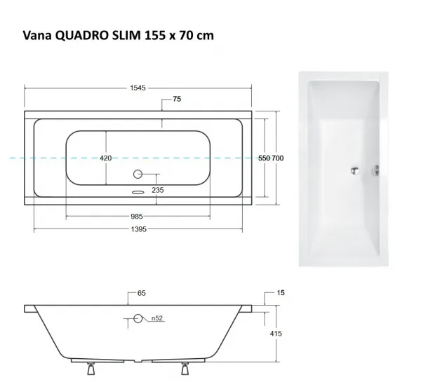 BESCO - Obdĺžniková vaňa QUADRO SLIM - Nožičky k vani - Bez nožičiek, Rozmer vane - 155 × 70 cm VANQAUD155SLIM