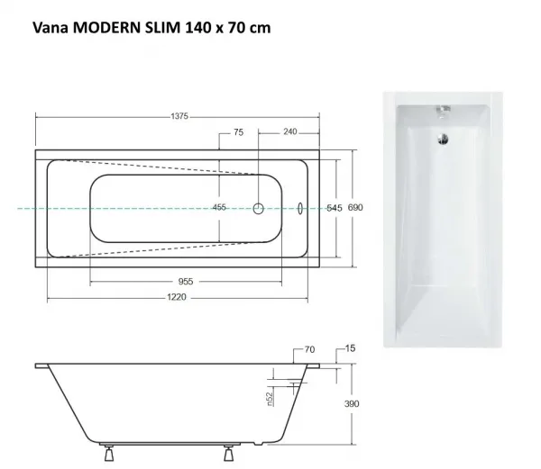 BESCO - Obdĺžniková vaňa MODERN SLIM - Nožičky k vani - Bez nožičiek, Rozmer vane - 140 × 70 cm VANMOD14SLIM