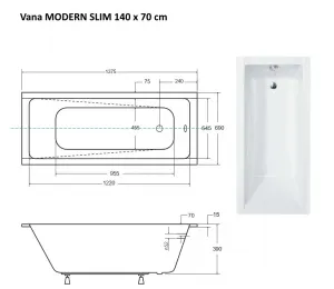BESCO - Obdĺžniková vaňa MODERN SLIM - Nožičky k vani - Bez nožičiek, Rozmer vane - 140 × 70 cm VANMOD14SLIM