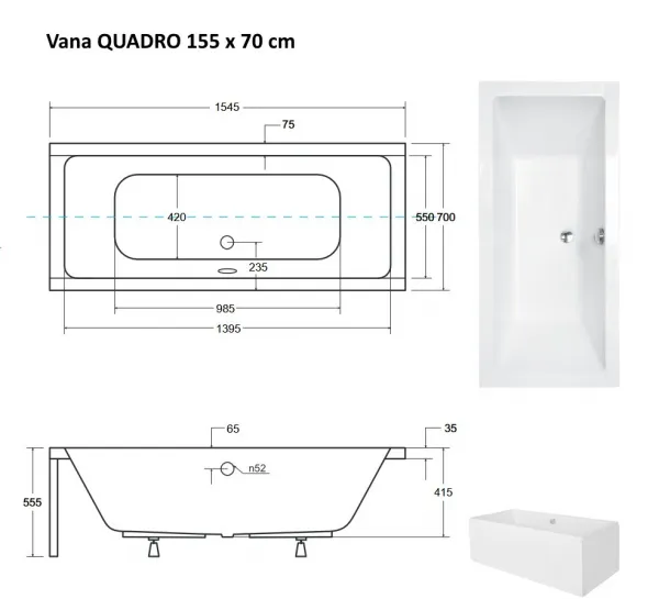 BESCO - Obdĺžniková vaňa QUADRO - Nožičky k vani - Bez nožičiek, Rozmer vane - 155 × 70 cm VANQAUD155