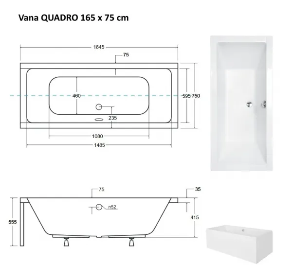 BESCO - Obdĺžniková vaňa QUADRO - Nožičky k vani - Bez nožičiek, Rozmer vane - 165 × 75 cm VANQAUD165