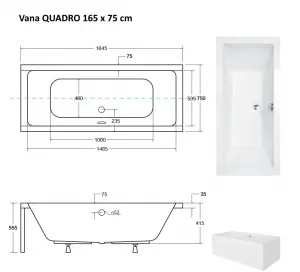 BESCO - Obdĺžniková vaňa QUADRO - Nožičky k vani - Bez nožičiek, Rozmer vane - 165 × 75 cm VANQAUD165
