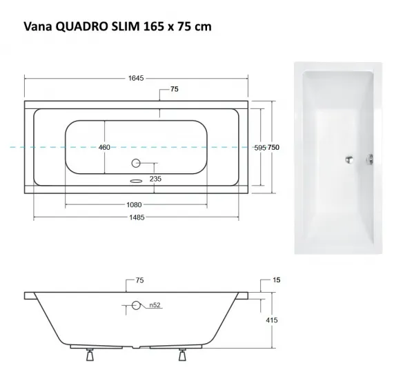 BESCO - Obdĺžniková vaňa QUADRO SLIM - Nožičky k vani - S nožičkami, Rozmer vane - 165 × 75 cm VANQAUD165SLIM+OLVPINOZ