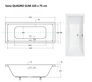 BESCO - Obdĺžniková vaňa QUADRO SLIM - Nožičky k vani - S nožičkami, Rozmer vane - 165 × 75 cm VANQAUD165SLIM+OLVPINOZ
