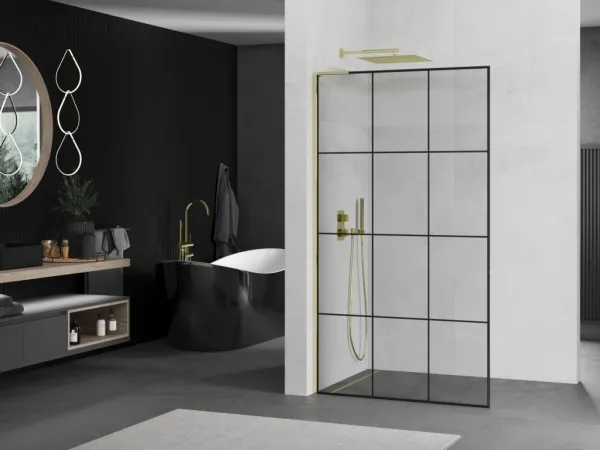 MEXEN/S - Kyoto L Sprchová zástena WALK-IN 100 x 200, čierny vzor, zlato 800-100-103-50-77