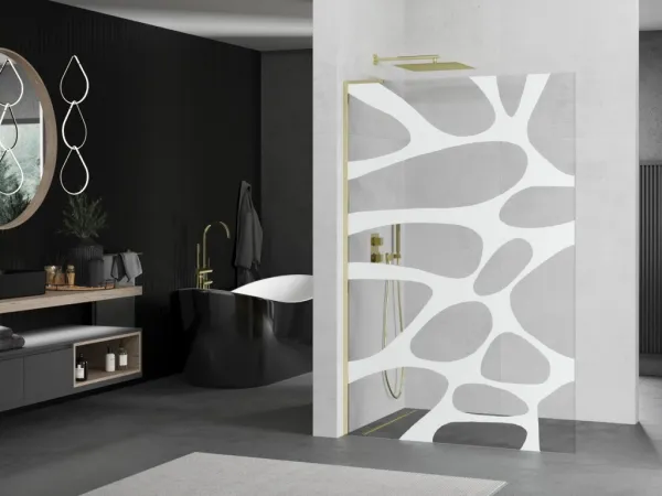 MEXEN/S - Kioto L Sprchová zástena WALK-IN 100 x 200, biely vzor, zlatá 800-100-103-50-97