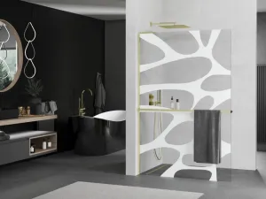 MEXEN/S - Kioto+ L Sprchová zástena WALK-IN s poličkou a držiakom uterákov 70 x 200, biely vzor, zlato 800-070-123-50-97