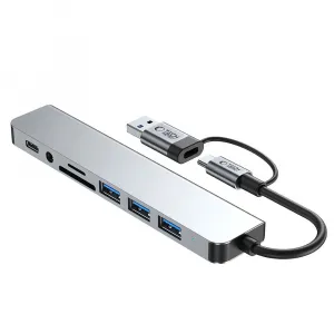 Tech-Protect HB06 HUB adaptér USB-C + USB - 4x USB / USB-C / SD / TF / AV 3.5, šedý