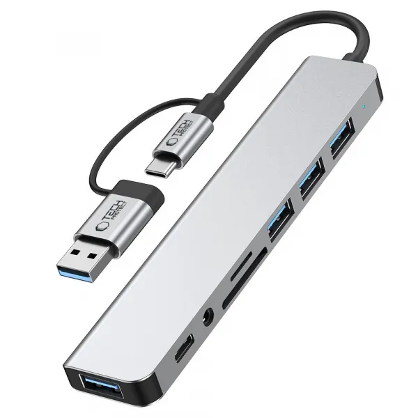 Tech-Protect HB06 HUB adaptér USB-C + USB - 4x USB / USB-C / SD / TF / AV 3.5, šedý