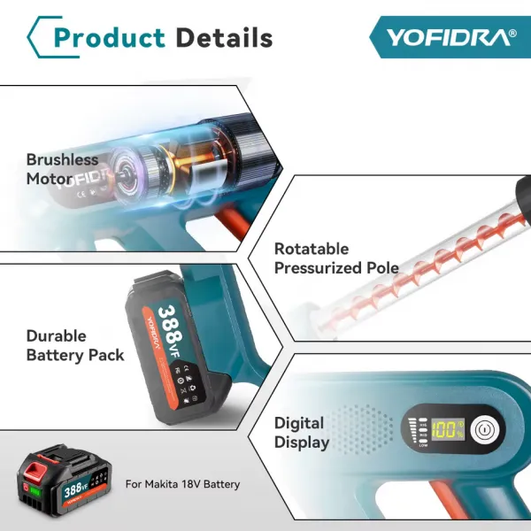 OneVan / Yofidra AKU Elektrický vysokotlakový čistič YOFIDRA tlaková umývačka 220 bar 3500W bezuhlíková elektrická umývačka 5 v 1 s otočnou sprchou pre batériu MAKITA 18V. Motorček od KAWASAKI