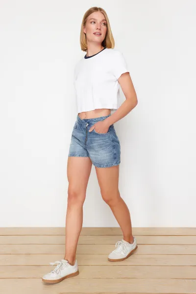 Trendyol Blue Waist Detailed High Waist Denim Shorts