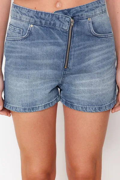 Trendyol Blue Waist Detailed High Waist Denim Shorts