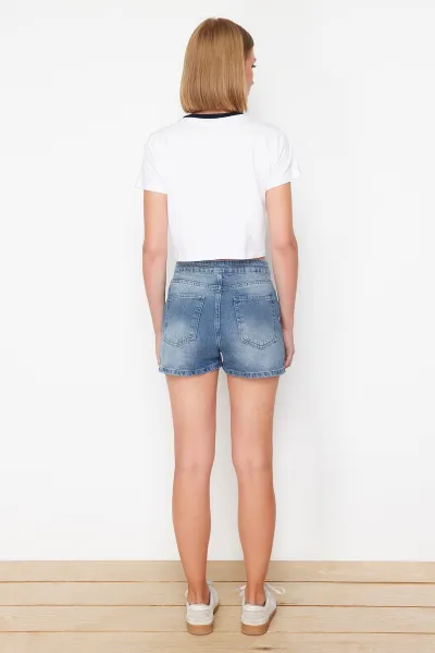 Trendyol Blue Waist Detailed High Waist Denim Shorts