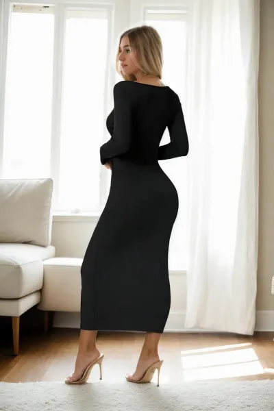 99444 Dewberry Square Neck Long Sleeve Women Dress-BLACK