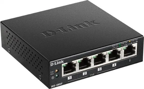 D-Link DES-1005P B1 5-portový 10/100 PoE stolový prepínač, 4x PoE+, 60W pre PoE