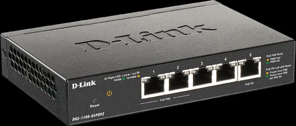 D-Link DGS-1100-05PDV2 5portový gigabitový PoE inteligentný prepínač, bez napájania - napájaný PoE, 2 porty PoE