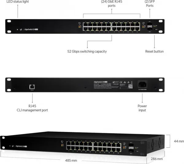 Ubiquiti UBNT EdgeSwitch ES-24-250W [26Gbps, 250W, aktívny (802.3af/at) a pasívne (24 V) PoE, 2xSFP, L2/L3]