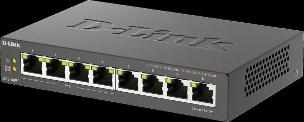 D-Link DGS-1008P 8-portový gigabitový stolový prepínač, 4 porty PoE+, rozpočet PoE 68 W