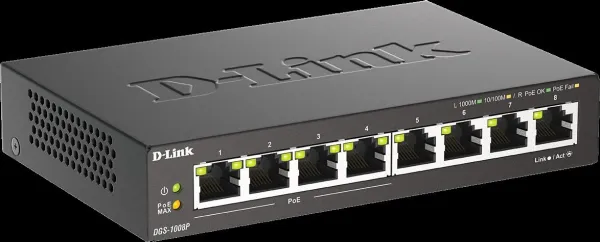D-Link DGS-1008P 8-portový gigabitový stolový prepínač, 4 porty PoE+, rozpočet PoE 68 W