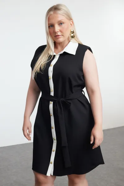 Trendyol Curve Black Shirt Collar Gold Buttoned Detachable Belt Plus Size Mini Woven Dress