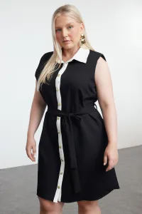 Trendyol Curve Black Shirt Collar Gold Buttoned Detachable Belt Plus Size Mini Woven Dress
