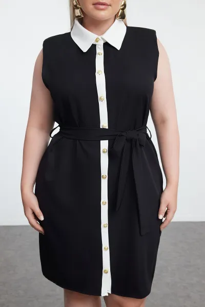 Trendyol Curve Black Shirt Collar Gold Buttoned Detachable Belt Plus Size Mini Woven Dress