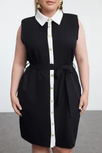 Trendyol Curve Black Shirt Collar Gold Buttoned Detachable Belt Plus Size Mini Woven Dress
