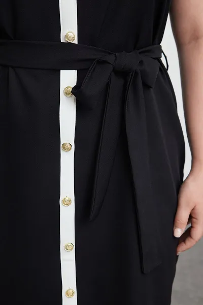 Trendyol Curve Black Shirt Collar Gold Buttoned Detachable Belt Plus Size Mini Woven Dress
