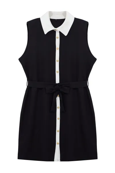 Trendyol Curve Black Shirt Collar Gold Buttoned Detachable Belt Plus Size Mini Woven Dress