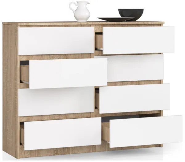 Ak furniture Komoda Kuba 120 cm 8 šuplíků dub sonoma/bílá