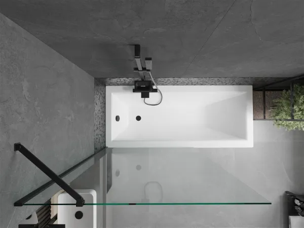 MEXEN/S - Cubik obdĺžniková vaňa 160 x 70 cm s panelom + vaňová zástena 100, transparent, čierna 550316070X9510000070