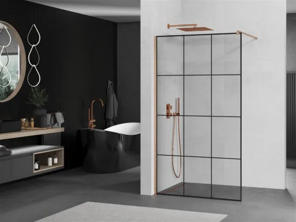 MEXEN/S - Kioto Sprchová zástena WALK-IN 110 x 200, čierny vzor 8 mm, meď kartáčovaná 800-110-101-65-77