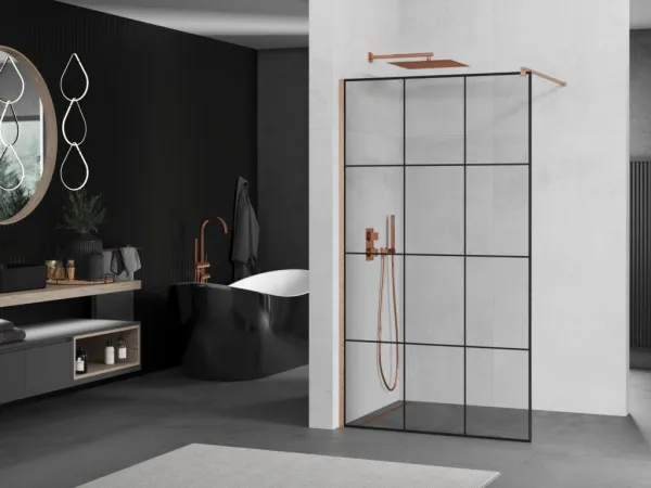 MEXEN/S - Kioto Sprchová zástena WALK-IN 100 x 200, čierny vzor 8 mm, meď kartáčovaná 800-100-101-65-77
