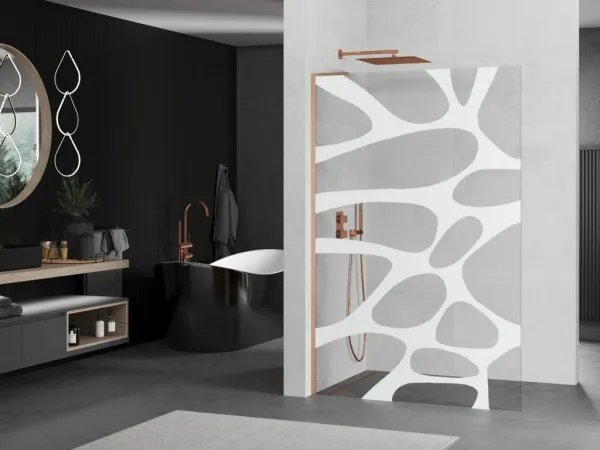 MEXEN/S - Kioto L Sprchová zástena WALK-IN 70 x 200, biely vzor, meď kartáčovaná 800-070-103-65-97