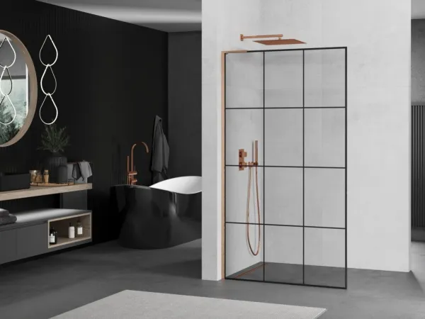 MEXEN/S - Kioto L Sprchová zástena WALK-IN 120 x 200, čierny vzor, meď kartáčovaná 800-120-103-65-77