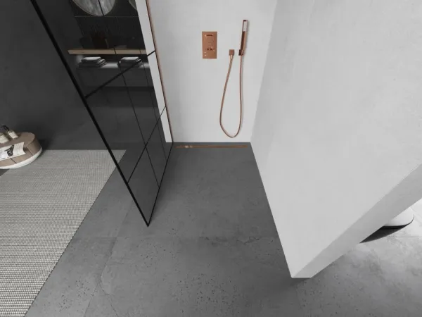 MEXEN/S - Kioto L Sprchová zástena WALK-IN 120 x 200, čierny vzor, meď kartáčovaná 800-120-103-65-77