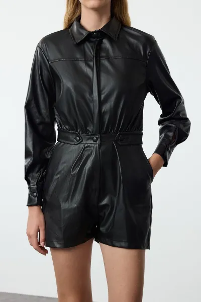 Trendyol Limited Edition Black Faux Leather Woven Jumpsuit