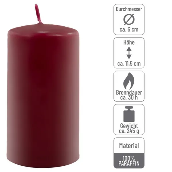 Sada stĺpových sviečok, 11,5 cm, Ø 6 cm, vínová, 6 ks