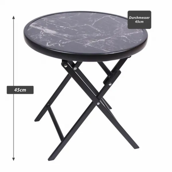 Záhradný bistro stolík, skladací, Ø 45 cm, čierny mramor