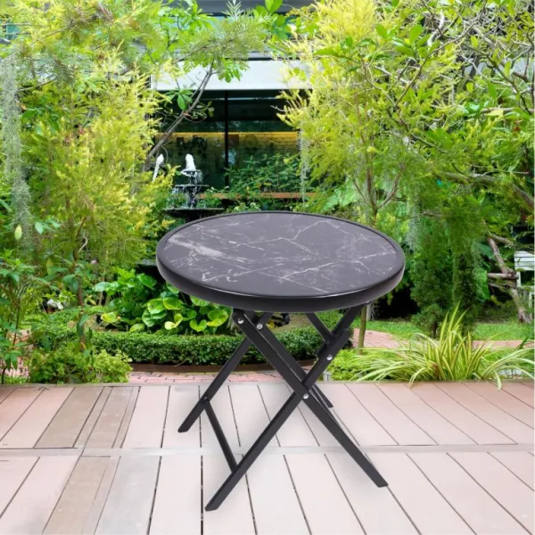 Záhradný bistro stolík, skladací, Ø 45 cm, čierny mramor
