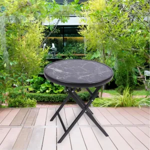 Záhradný bistro stolík, skladací, Ø 45 cm, čierny mramor
