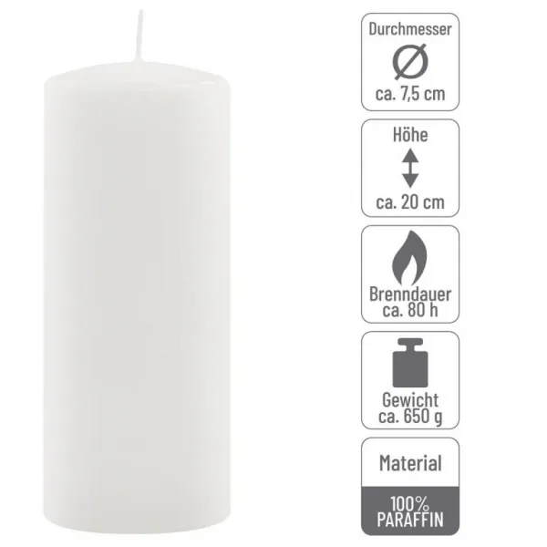 Sada stĺpových sviečok, 20 cm, Ø 7,5 cm, biela, 2 ks