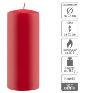 Sada stĺpových sviečok, 20 cm, Ø 7,5 cm, červená, 4 ks