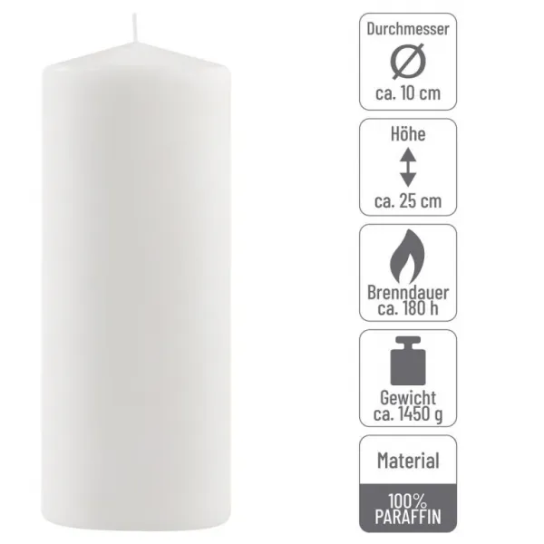 Sada stĺpových sviečok, 25 cm, Ø10 cm, biela, 4 ks